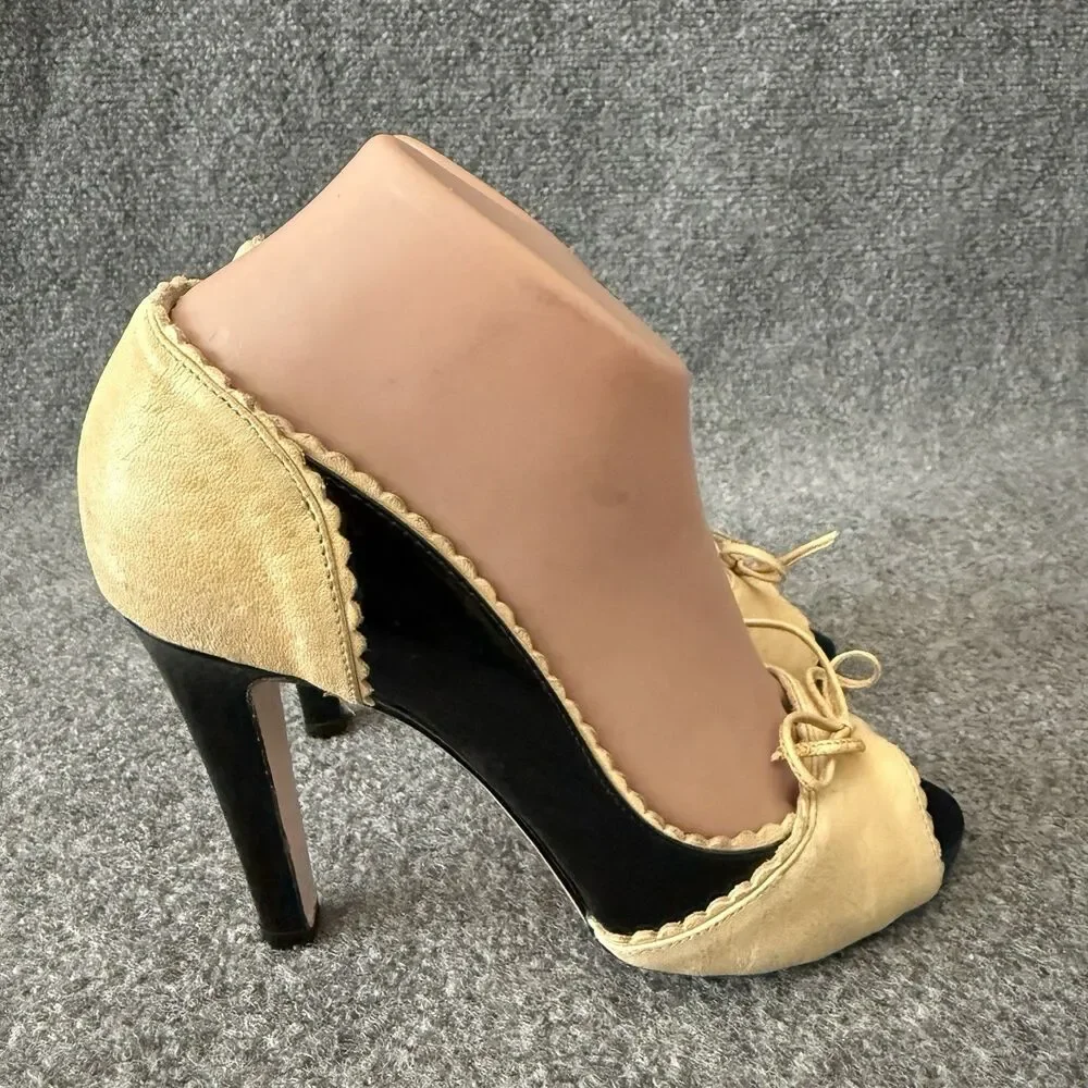 Red Valentino Peep Toe Pumps Patent Leather Black Beige Scalloped Bow Heels 37